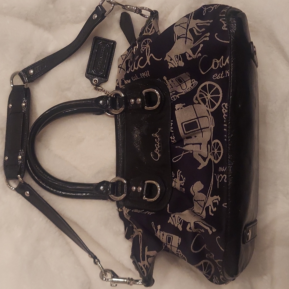 COACH Ashley Horse Carriage Satchel Black Jacquard Leather Shoulder Bag